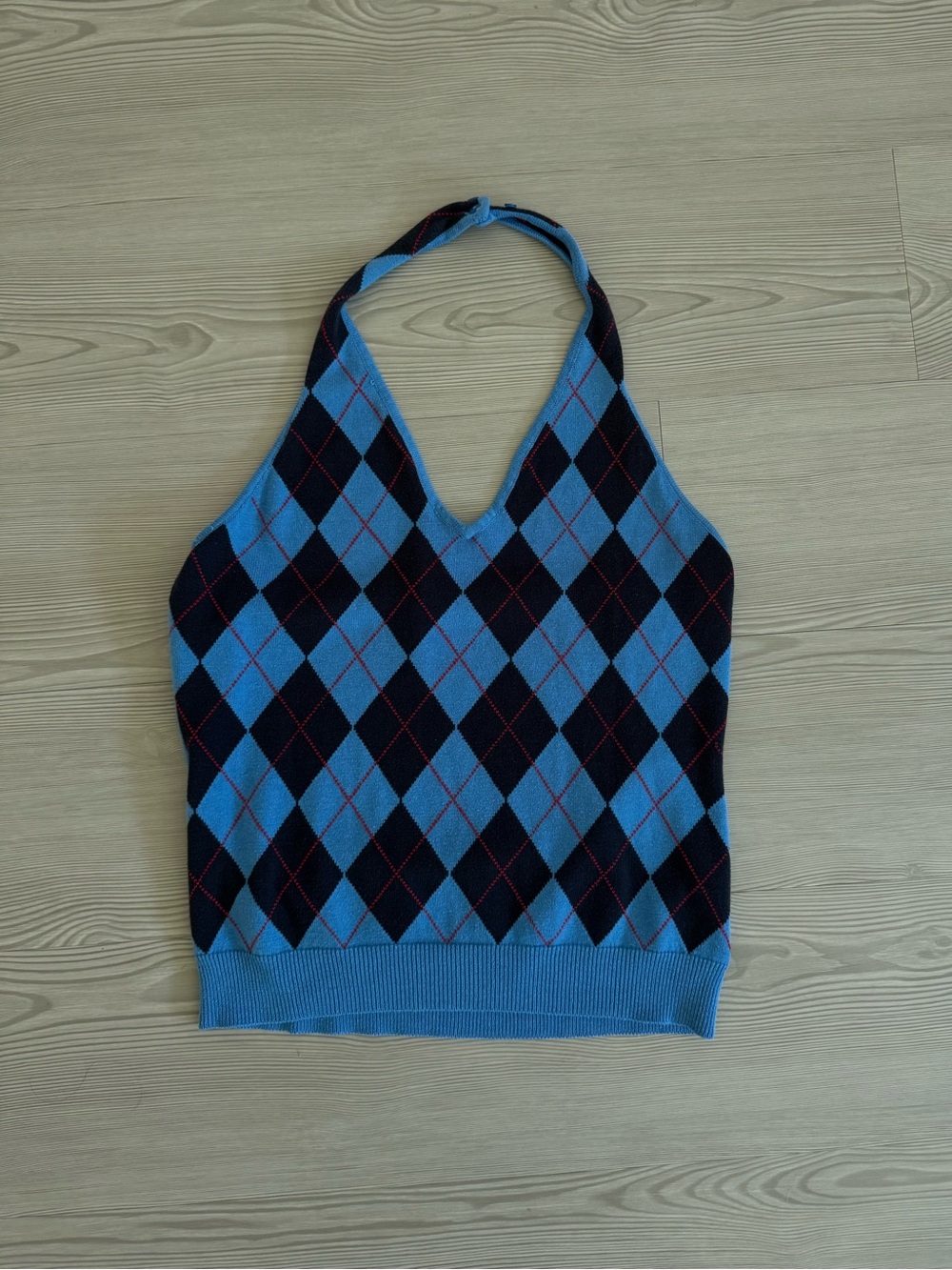 Vintage New York & Company Y2K Blue & Back Argyle Plaid Knit Halter Top
